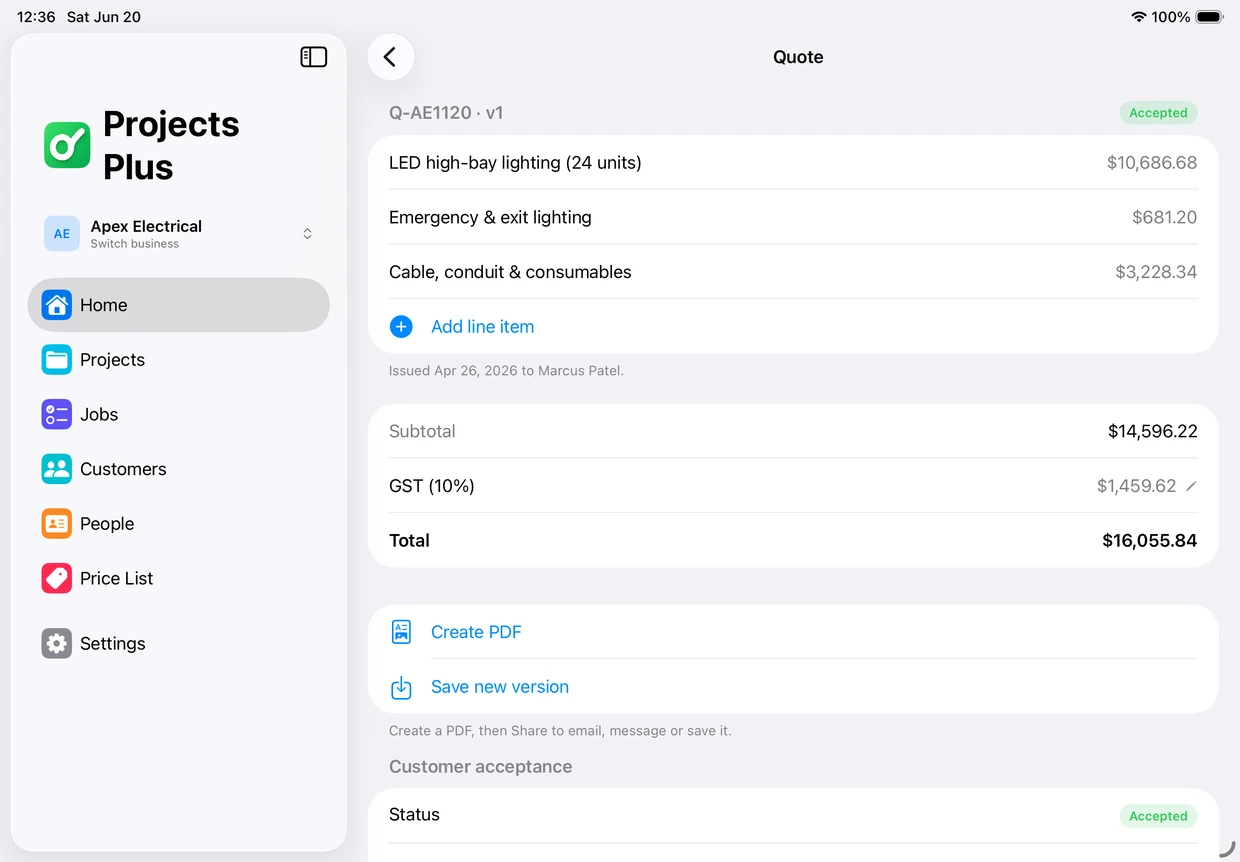 Editable quote with line items and totals on iPad in the Projects Plus app