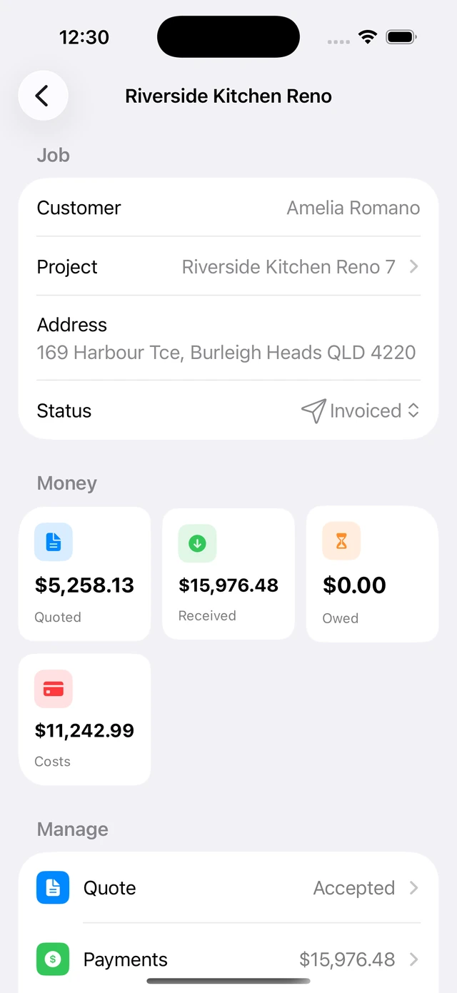 Job detail screen in the Projects Plus iPhone app showing customer, status and money summary