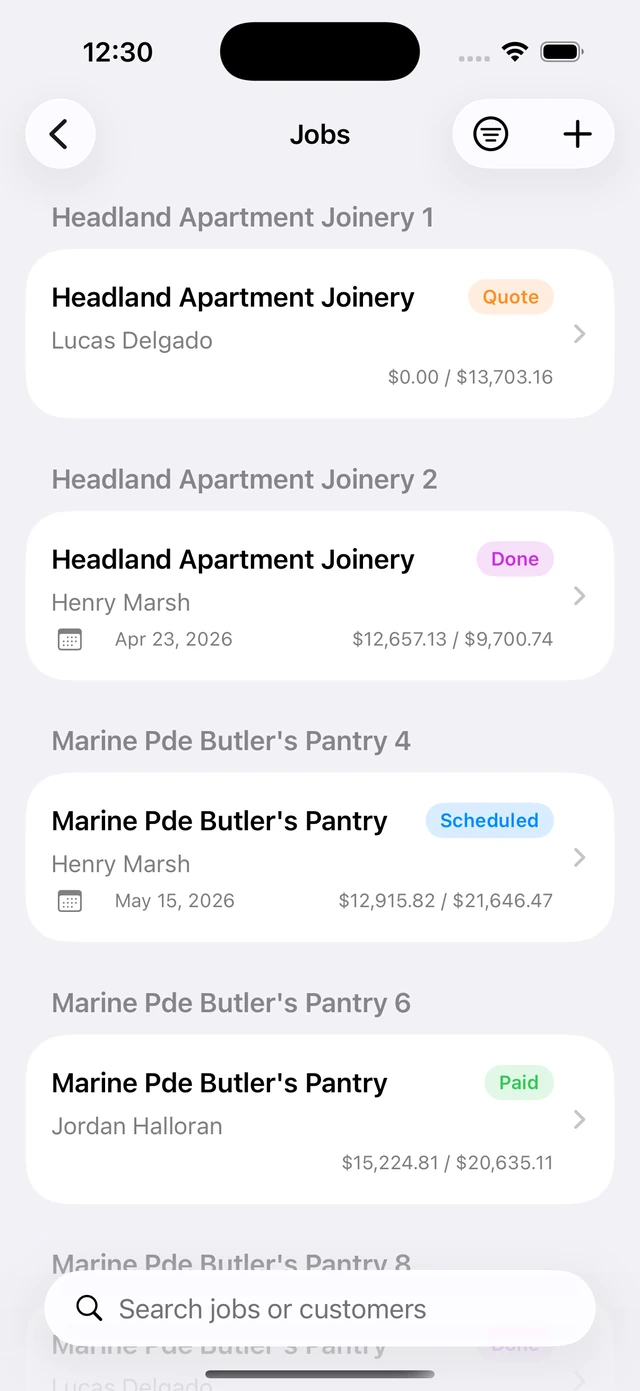 Jobs list in the Projects Plus iPhone app with status and amounts for each job