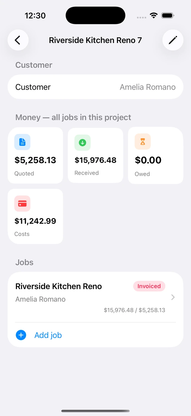 Project money summary in Projects Plus on iPhone — quoted, received, owed and costs across every job