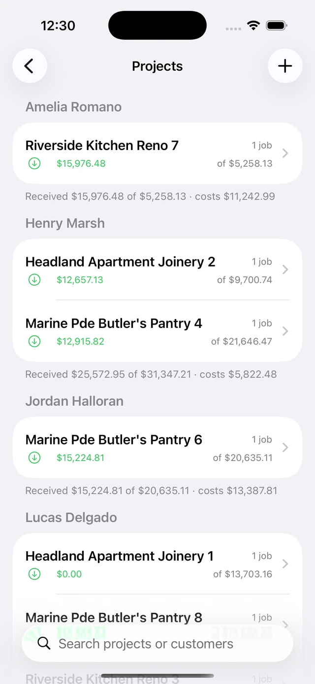Project list in the Projects Plus iPhone app showing active renovation projects and their value