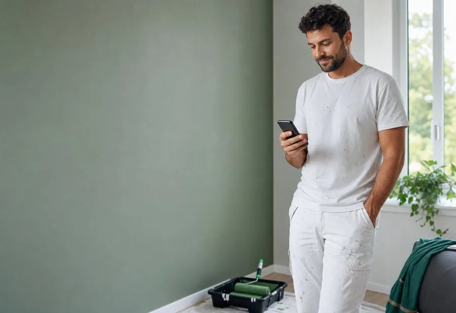 A painter using the Projects Plus app on his phone beside a freshly painted wall to track costs and quote